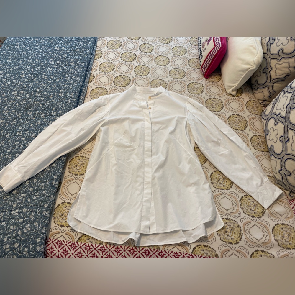 Akris Punto Band Collar Pleated Sleeve Cotton Blouse